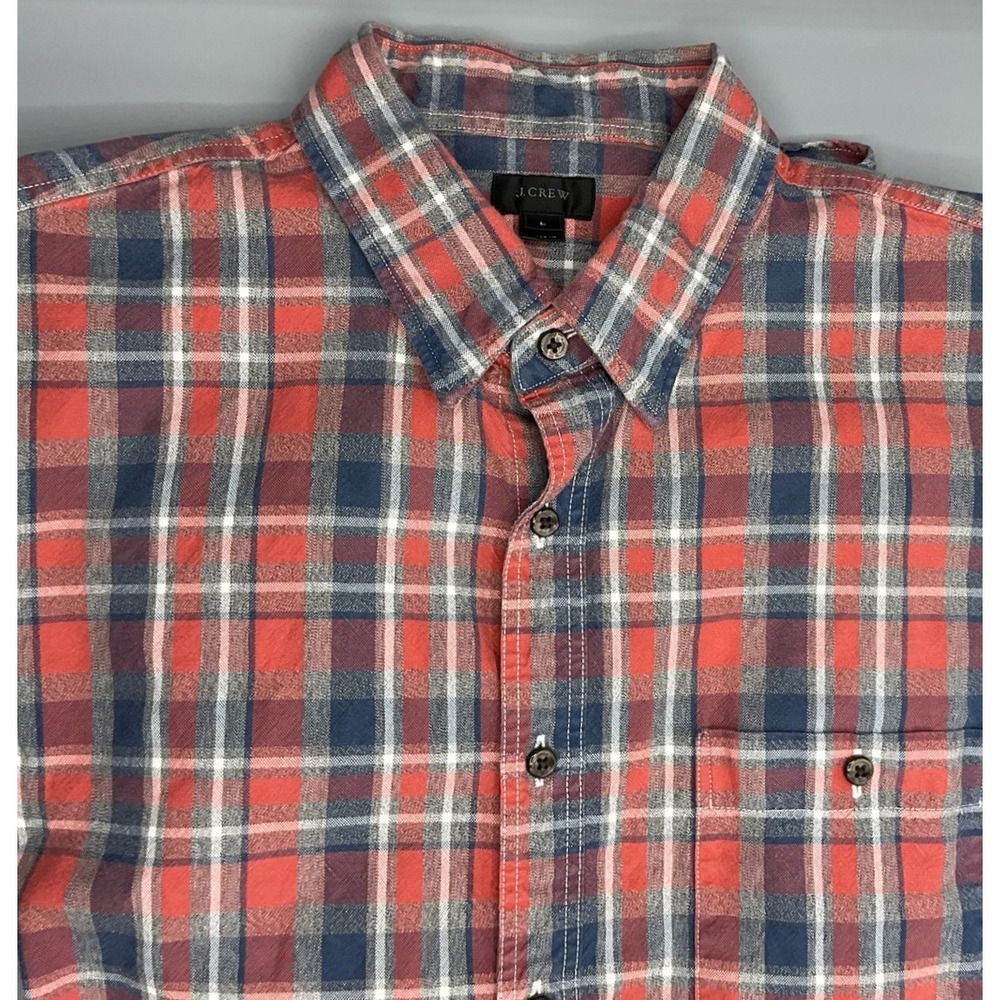 J.Crew Mens Plaid Flannel Button Down Shirt Orange Navy Blue Large 100% Cotton